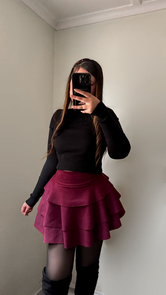 Falda short gamuza burdeo